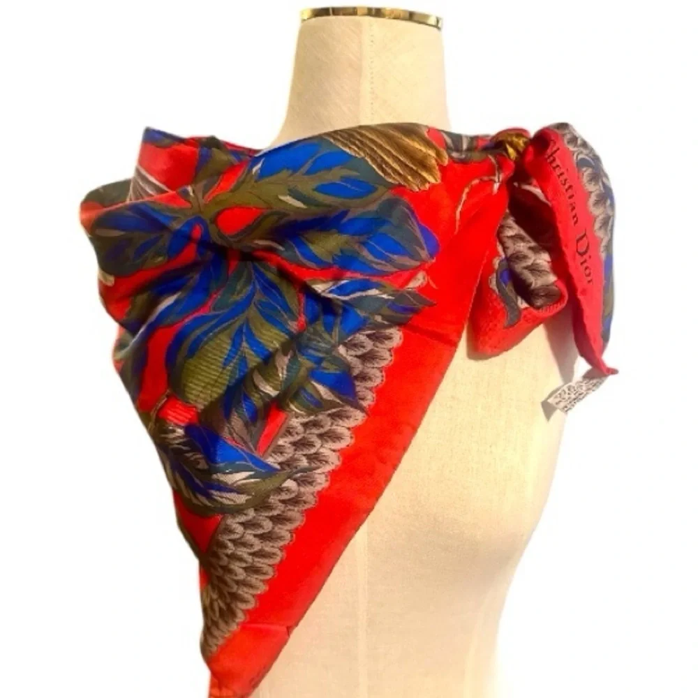 Christian Dior Stunning Vintage 100% Silk Scarf Birds & Foliage Print Red Blue